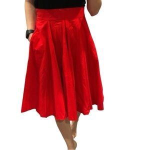 Pleated High Waist Red Midi Skirt With Pockets